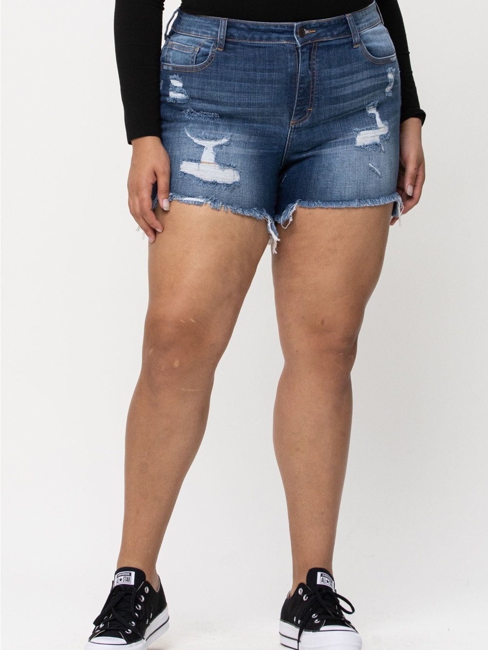 Plus High-Rise Distressed Denim Shorts - Dark Blue